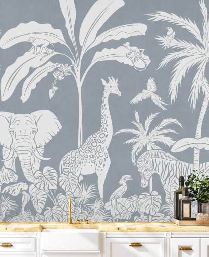 junglebehang voor kinderen met dieren in blauw