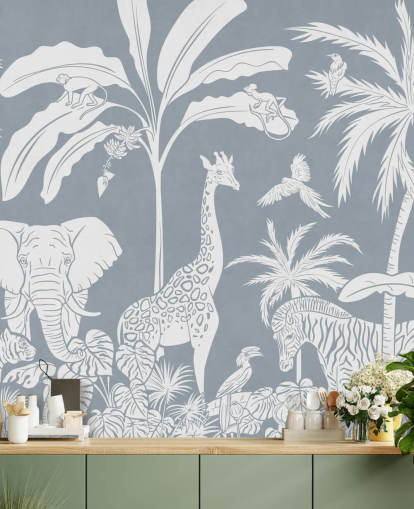 kids jungle wallpaper with animals in blue