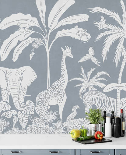 papel de parede infantil da selva com animais em azul