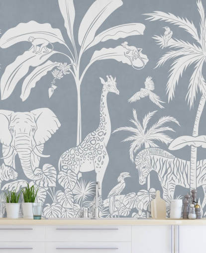 papel de parede infantil da selva com animais em azul