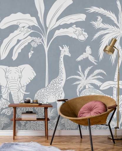 junglebehang voor kinderen met dieren in blauw