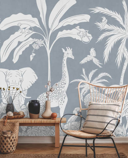 papier peint jungle pour enfants avec des animaux en bleu