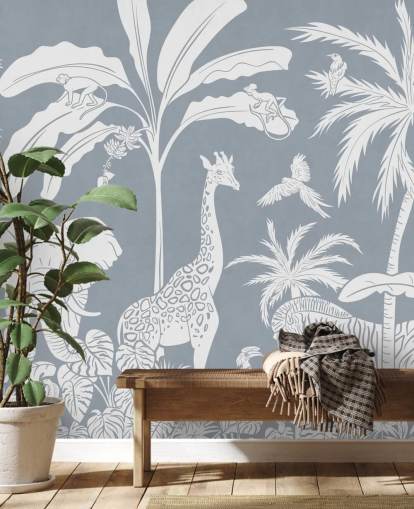 papel pintado de jungla para niños con animales en azul papel pintado de jungla para niños con animales en azul