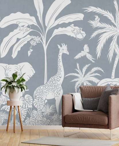 junglebehang voor kinderen met dieren in blauw