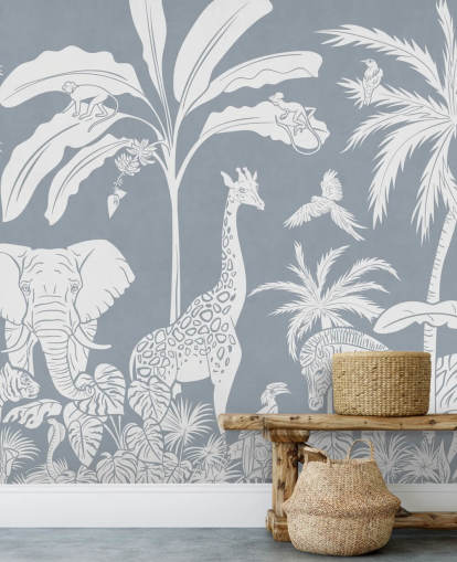 papel pintado de jungla para niños con animales en azul