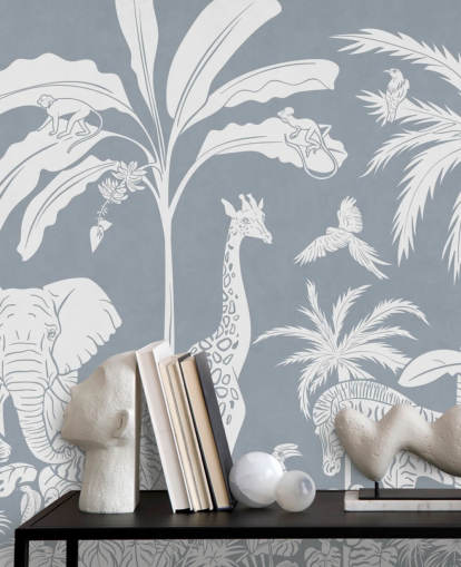 papel de parede infantil da selva com animais em azul