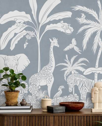 kids jungle wallpaper with animals in blue