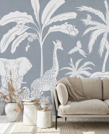 papel de parede infantil da selva com animais em azul