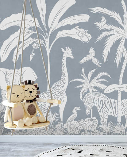 papier peint jungle pour enfants avec des animaux en bleu papier peint jungle pour enfants avec des animaux en bleu