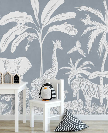 kids jungle wallpaper with animals in blue