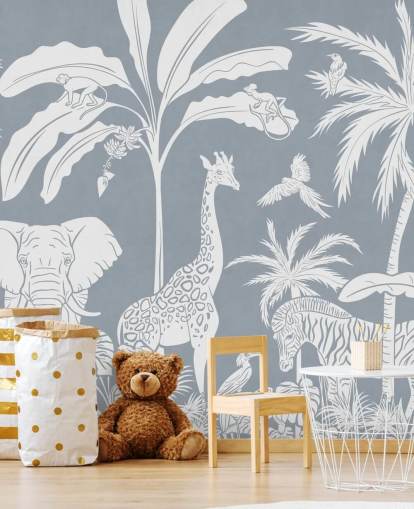 kids jungle wallpaper with animals in blue