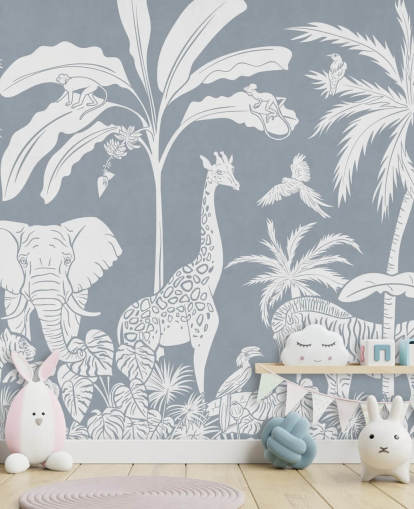 papier peint jungle pour enfants avec des animaux en bleu