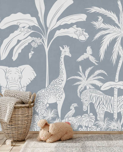 papier peint jungle pour enfants avec des animaux en bleu