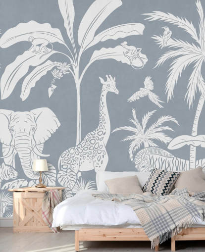 Dschungel-Tapete für Kinder mit Tieren in Blau