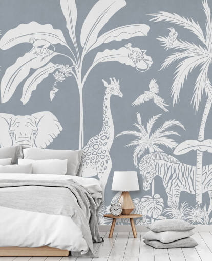 papel de parede infantil da selva com animais em azul