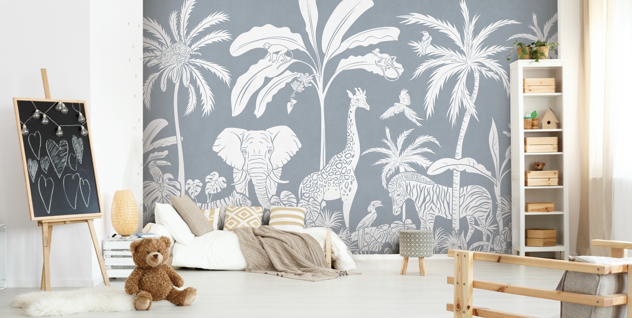 junglebehang voor kinderen met dieren in blauw