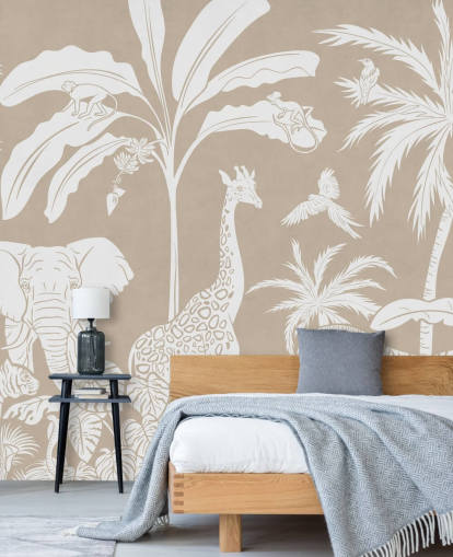 Kids Jungle Wallpaper with animals in brown 