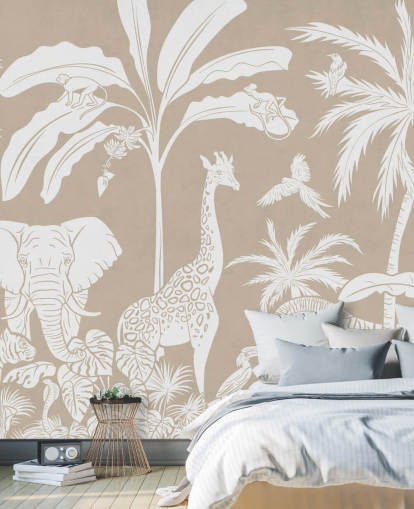 Kids Jungle Wallpaper with animals in brown 