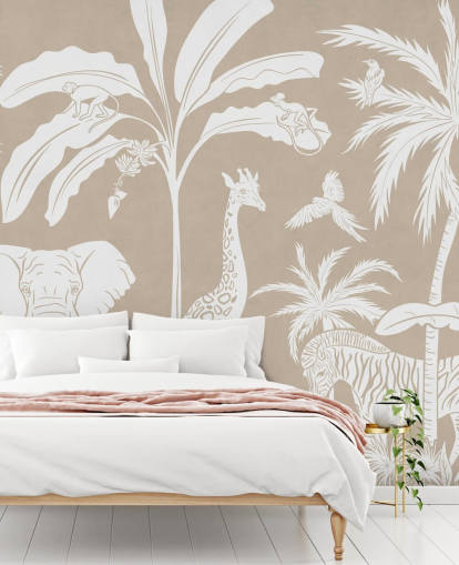 Kids Jungle Wallpaper with animals in brown 