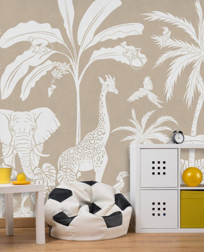 Jungle behang voor kinderen met dieren in bruin 