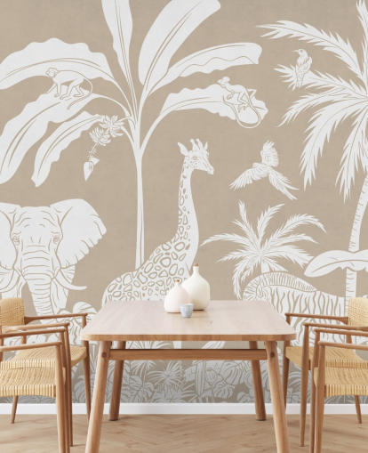 Carta da parati per bambini Jungle con animali in marrone 