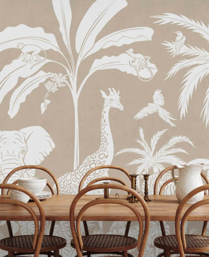 Kids Jungle Wallpaper with animals in brown 