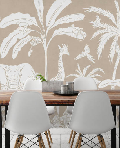 Kids Jungle Wallpaper with animals in brown 