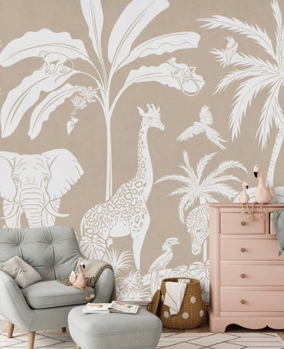 Carta da parati per bambini Jungle con animali in marrone 