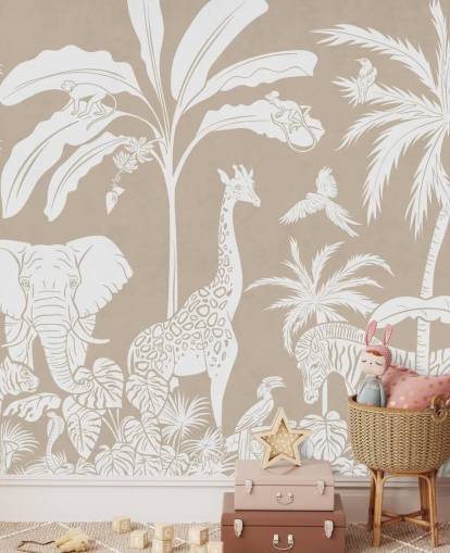 Kids Jungle Wallpaper with animals in brown 