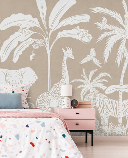 Papier peint Jungle pour enfants avec des animaux en marron 