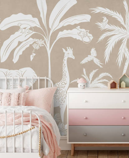 Papier peint Jungle pour enfants avec des animaux en marron Papier peint Jungle pour enfants avec des animaux en marron