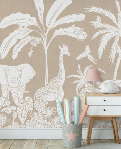 Papier peint Jungle pour enfants avec des animaux en marron 