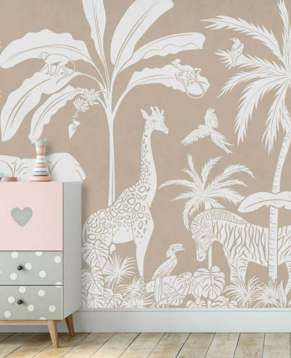 Kids Jungle Wallpaper with animals in brown 
