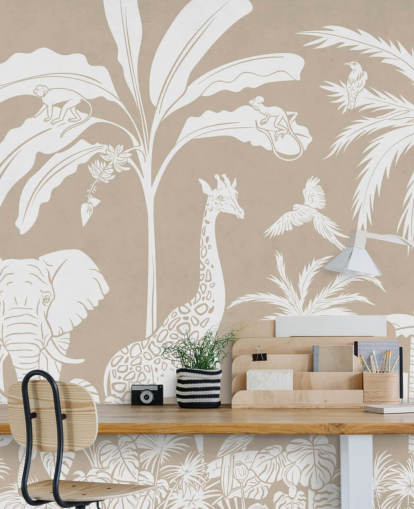 Kids Jungle Wallpaper with animals in brown 