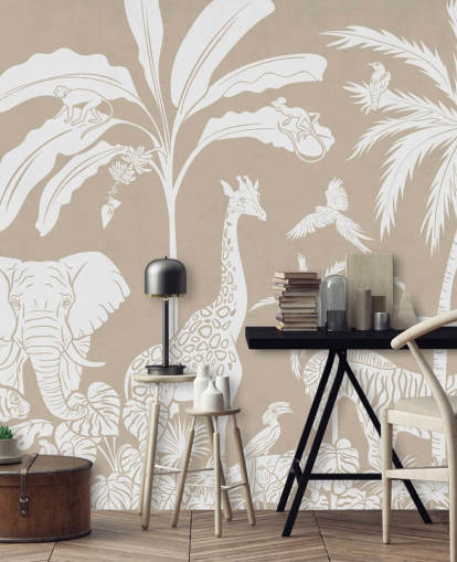 Kids Jungle Wallpaper with animals in brown Kids Jungle Wallpaper with animals in brown
