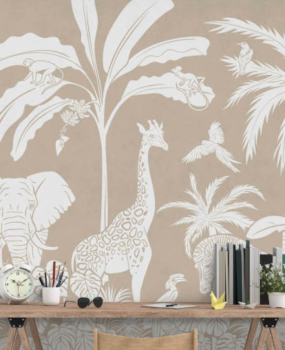Kids Jungle Wallpaper with animals in brown 