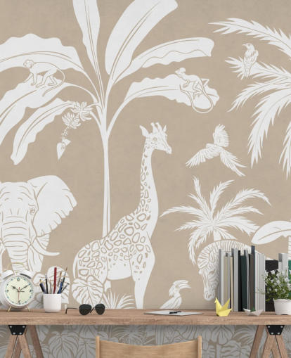 Jungle behang voor kinderen met dieren in bruin Jungle behang voor kinderen met dieren in bruin