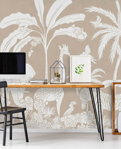 Kids Jungle Wallpaper with animals in brown 