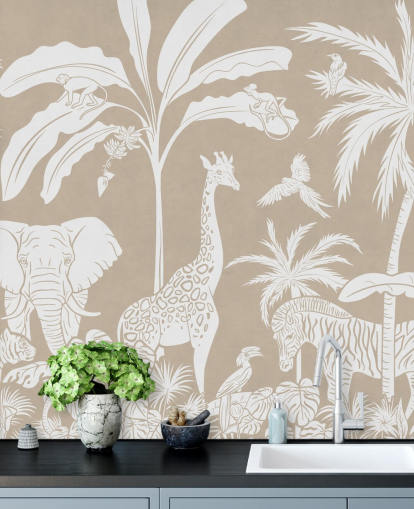 Papel de parede Kids Jungle com animais em marrom Papel de parede Kids Jungle com animais em marrom