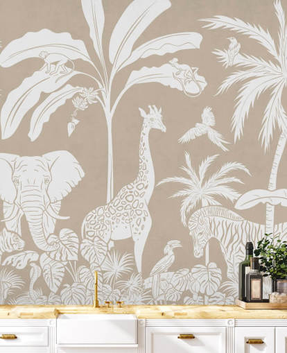 Kids Jungle Wallpaper with animals in brown 