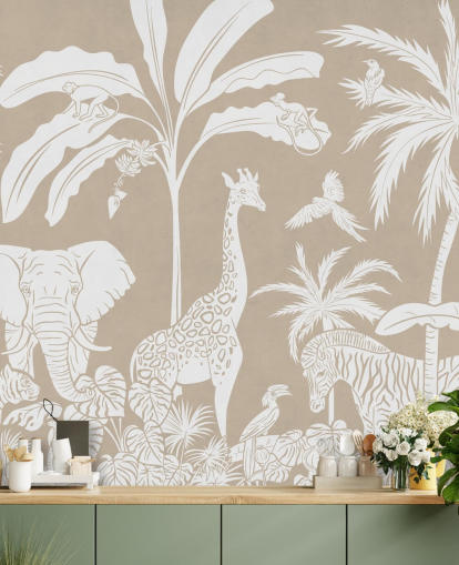 Jungle behang voor kinderen met dieren in bruin Jungle behang voor kinderen met dieren in bruin