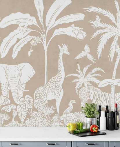 Papier peint Jungle pour enfants avec des animaux en marron 