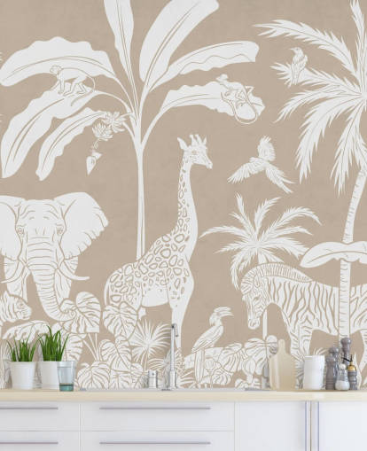 Carta da parati per bambini Jungle con animali in marrone 