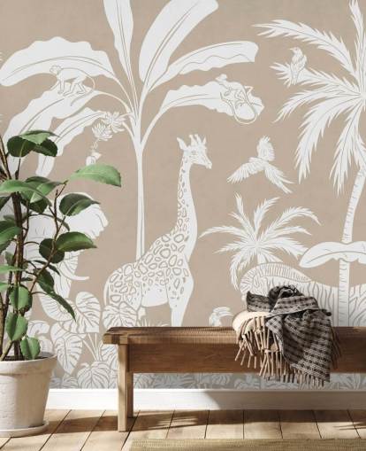 Papier peint Jungle pour enfants avec des animaux en marron 