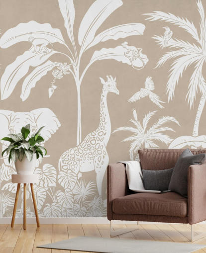 Kids Jungle Wallpaper with animals in brown Kids Jungle Wallpaper with animals in brown