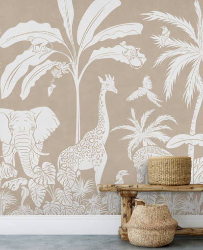 Kids Jungle Wallpaper with animals in brown 
