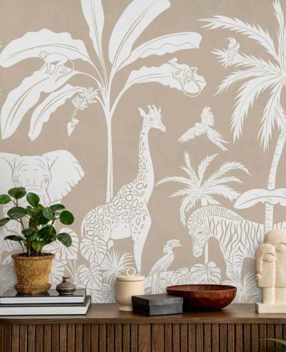 Jungle behang voor kinderen met dieren in bruin 