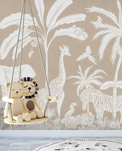 Kids Jungle Wallpaper with animals in brown 