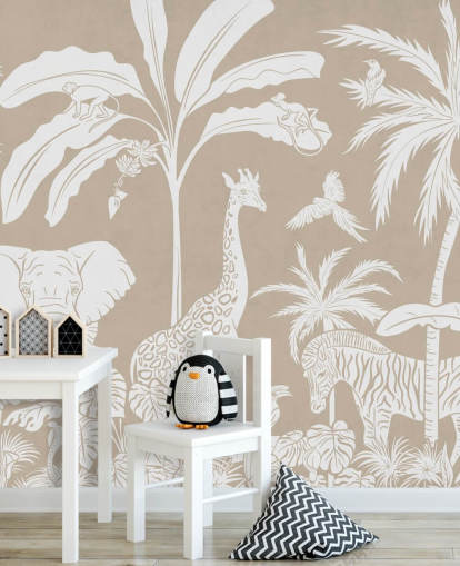 Papier peint Jungle pour enfants avec des animaux en marron Papier peint Jungle pour enfants avec des animaux en marron