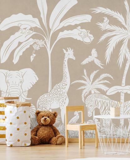 Jungle behang voor kinderen met dieren in bruin Jungle behang voor kinderen met dieren in bruin